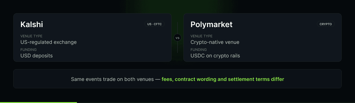 Kalshi and Polymarket comparison covering regulation, funding rails, fees, and contract checks